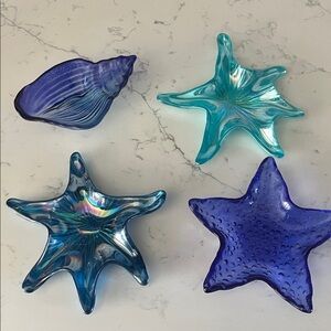 Blue and Teal Glass Starfish and Shell trinket set